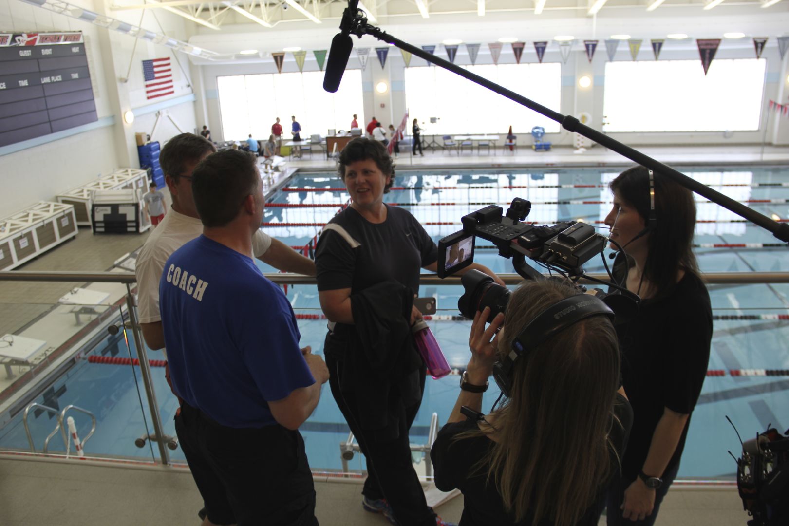 Stolman and her crew on the set of Swim Team